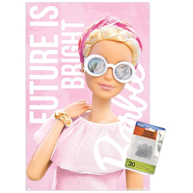 Mattel Barbie - Affiche Murale « Future is Bright », 22,375 Po x 34 Po, Montrant une Poupée Barbie dans une Robe Texturée Rose avec Encolure à Volants et Foulard Rose Assorti sur Fond Rose avec Texte Blanc « Future is Bright ». Comprend 30 Épingles Transparentes pour une Suspension Facile.