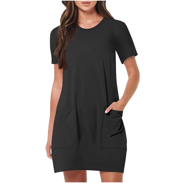 Timegard Robes de Maison pour Femmes Col Ras du Cou Manches Courtes Coupe Ajustée Couleur Unie Décontractée Confortable Robe Poches