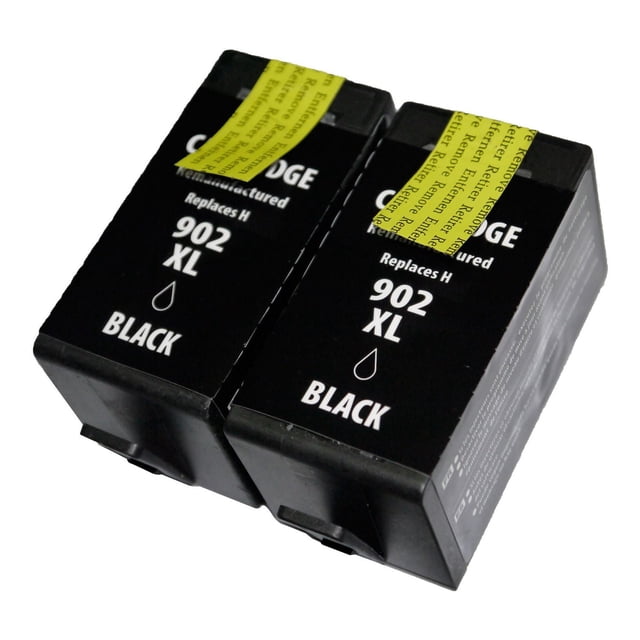 L-ink 2 Pack Compatible HP 902XL High Yield Black Ink Cartridge showing two black rectangular cartridges with white text and yellow pull tabs, remanufactured for OfficeJet printers, delivering clear, crisp print quality with 825 page yield and ISO certification, also suitable for printing sharp text and images.