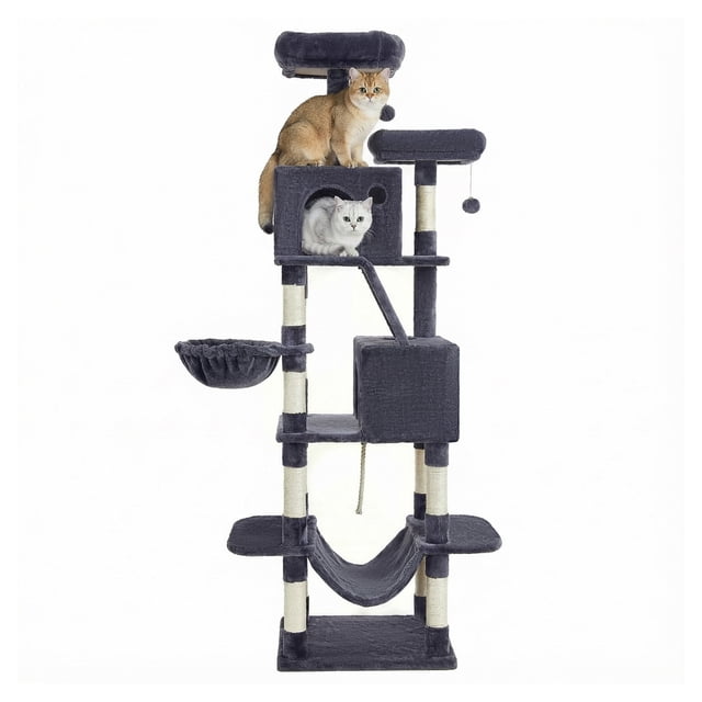 FEANDREA Multi-Level Plush Cat Tree with Scratching Posts, Perches, Condos, Basket, Hammock and Hanging Toy, Gray
