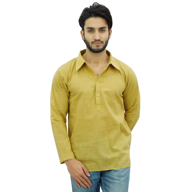 Atasi Kurta Beige pour Homme Chemise à Col Rabattu Col Ethnique Indien Vêtements-Petit