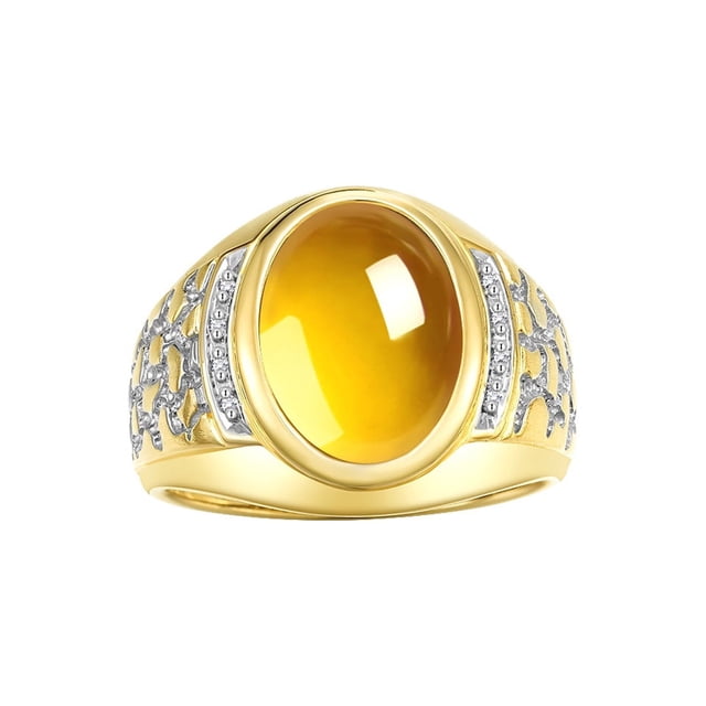 RYLOS Men's Rings 14K Yellow Gold Nugget Ring with Cabochon Gemstone & Diamonds Citrine Rings For Men Size 13