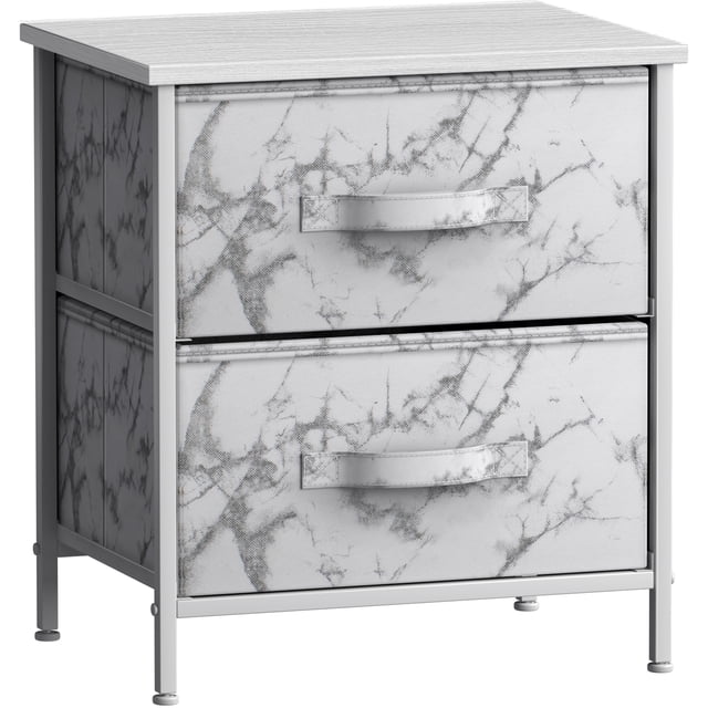 Sorbus 2 Drawers Nightstand Chest End-Table - White Frame White Marble