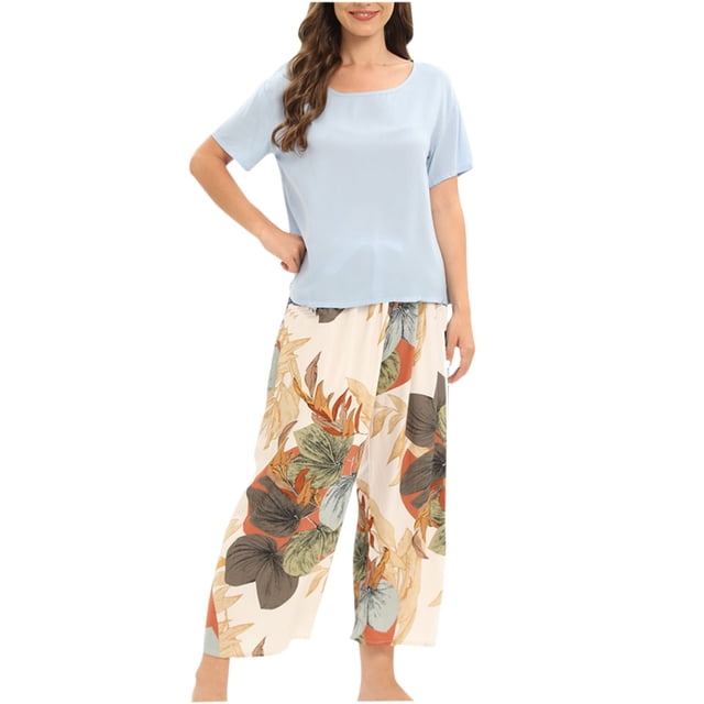 Pisexur Ensembles Deux Pièces pour Femmes Ensembles de Pyjama à Fleurs Manches Courtes Tenue de Détente Vêtements de Nuit Ensembles de Pjs pour Dames avec Poches