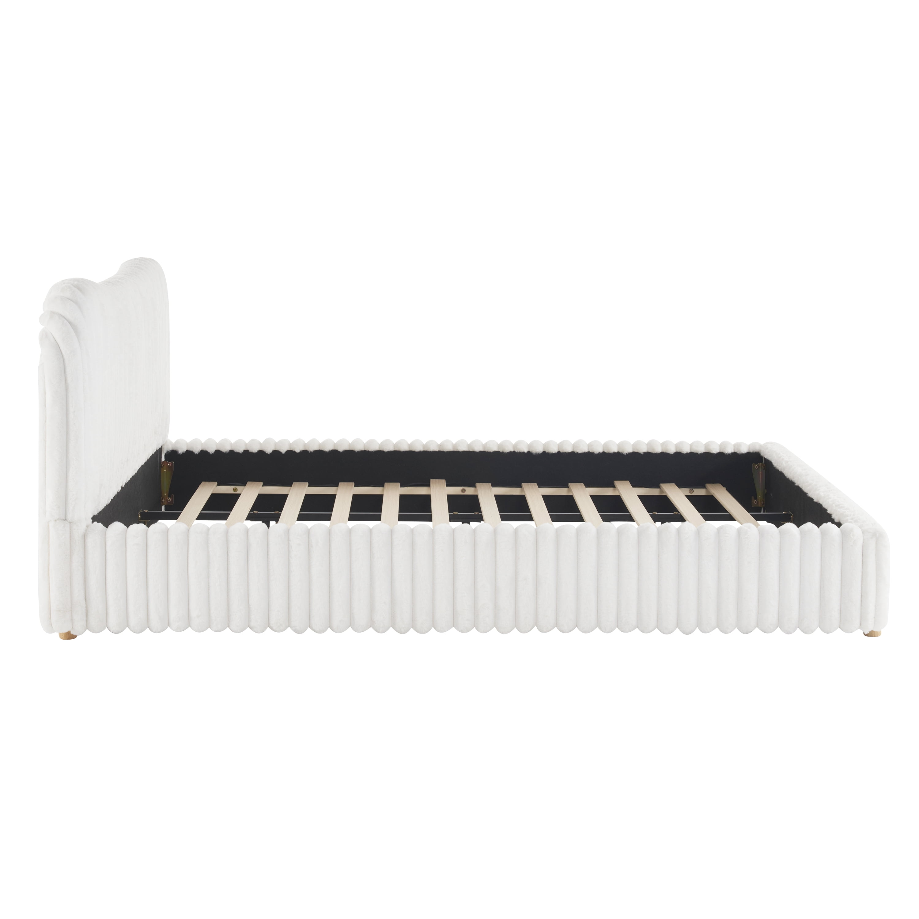 Homy Casa King Platform Bed Frame with Curved Plush Upholstered Headboard, Wood Slats, White