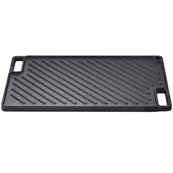 KFFKFF Dual-Sided Grill/Griddle, Cast Iron Cookware of 9.7"x16.7", Pre-Treated Rectangular Griddle Pan, Non-Stick Family Pan with Handles, Flat Top Plate for BBQ and Gas Grill, Black