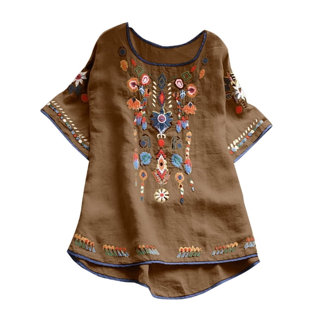 Blouses pour Femmes, T-Shirt Mode Décontracté Ample de Printemps Été pour Femmes, Couleur, Manches Courtes, Col Rond, Hauts Brodés, Blouse en Coton et Lin