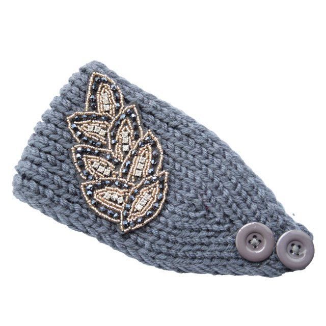 fastboy Crochet Headbands Winter Leaves Pattern with Rhinestones Elastic Head Protector Wide Warm Chunky Hair Accessories for Girls Dark Gray