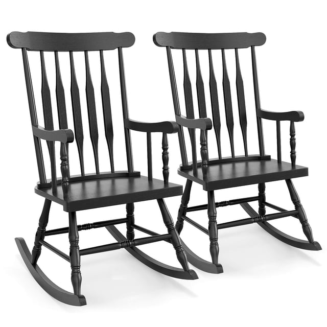 Costway Set of 2 Wood Rocking Chair Porch Rocker Indoor Outdoor Seat Glossy Finish Black