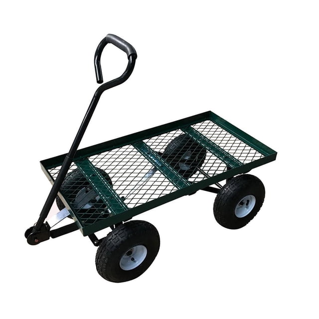 Steel Flat Nursery Cart w/Pneumatic Tires 34" x 18" with a green steel mesh flatbed and heavy-duty frame, equipped with four black all-terrain pneumatic tires and a black pull handle with grip, designed for garden chores and transporting multiple items; mesh bottom allows dirt and small stones to drain through.