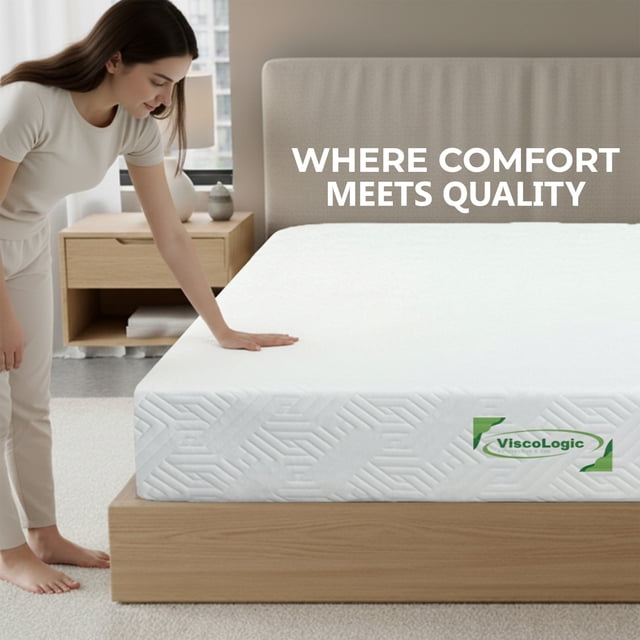 ViscoLogic Maxima Plus Matelas Simple de 7 Pouces Affiché sur un Cadre de Lit en Bois dans un Cadre de Chambre Moderne. le Matelas Présente une Housse Blanche, Texturée et Douce pour la Peau avec le logo ViscoLogic sur le Côté. Conçu pour le Soulagement de la Pression et un Sommeil au Frais, Ce Matelas en Mousse Infusée de Gel de Fermeté Moyenne Est Certifié CertiPUR-US® et Fabriqué au Canada. Il Convient à Divers Cadres de Lit, Y Compris les Lits Superposés, les Lits Gigognes et les Lits Plateforme. une Personne Est Vue Testant la