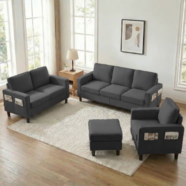Puremind Ensemble de Meubles de Salon 3 Pcs, Ensemble de Canapé Sectionnel en L avec Pouf de Rangement, Sofa 3 Places, Causeuse et Fauteuil, Gris Foncé