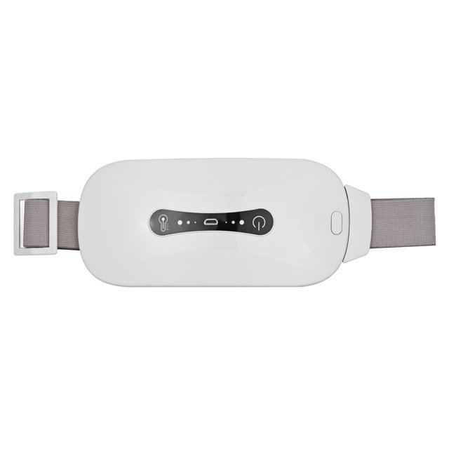Menstrual Heating Pad Portable USB Cable Cordless with 3 Heat Levels and 3 Vibration Massage, shown in white with an adjustable strap and control panel featuring temperature and vibration settings. USB rechargeable cordless heating pad designed for relieving menstrual cramps, abdominal pain, and waist discomfort. Compact design measuring 18 x 8.5 x 2.5 cm.