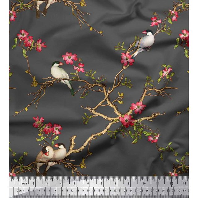 Soimoi Gray Poly Georgette Fabric Floral & Franklin Gull Bird Decor Fabric Printed Yard 42 Inch Wide