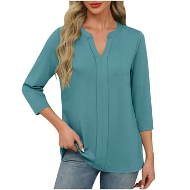 Yanlir T-Shirt à Col en V Uni pour Femme à Manches 3/4 - Haut Décontracté Coupe Ample pour un Port Quotidien Confortable et Léger (Vert, G)