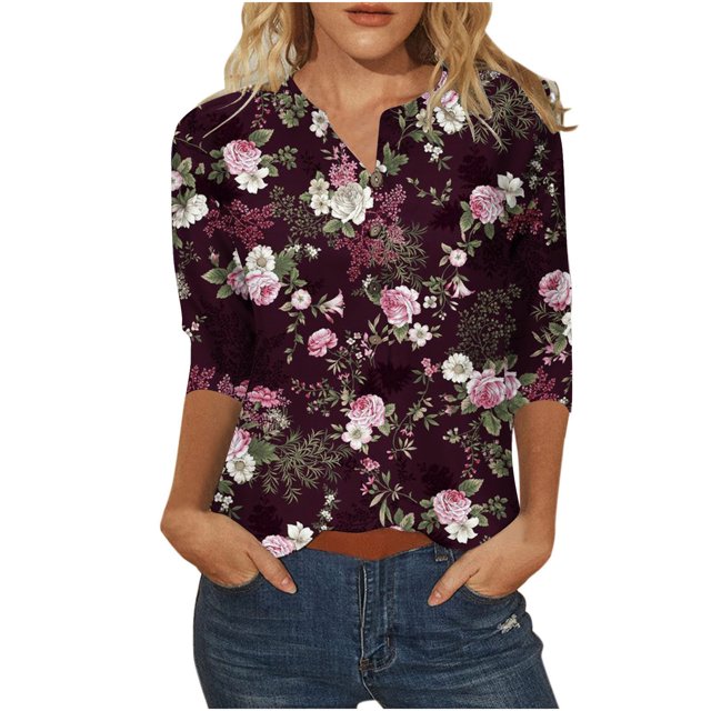 CEHVOM Blouse Mode Femme Manches Trois-Quarts Col en V Imprimé de Pâques Ample