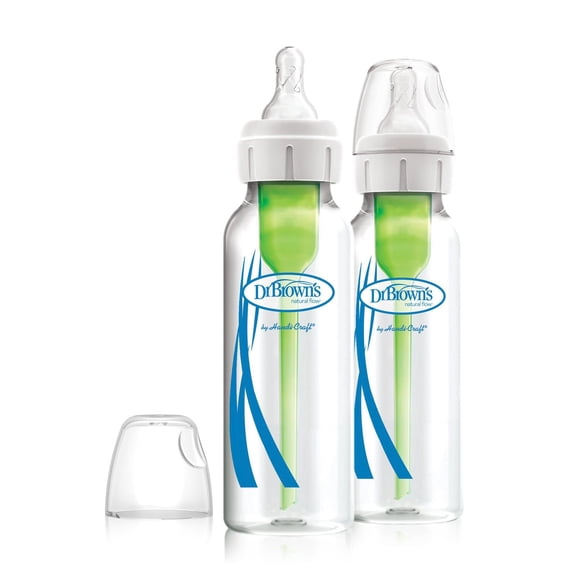Dr. Brown's Natural Flow Anti-Colic Options+ Biberons en Verre pour Bébé à Col Étroit avec Tétine à Débit Lent Niveau 1, 0m+, 2x8oz Biberons en Verre