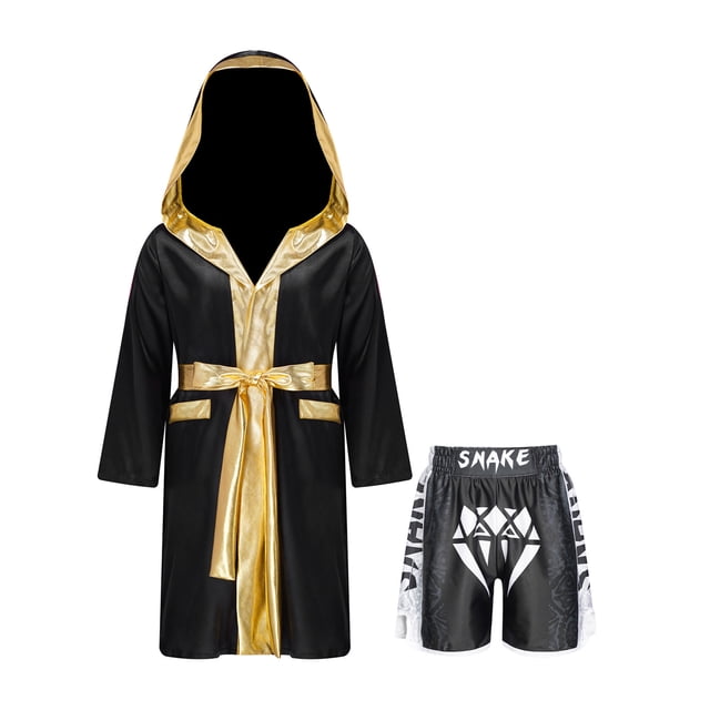RUNQHUI Kids Boys Boxing Outfits Metallic Satin Hooded Robe Cloak and Shorts Set Boxer Party Fancy Dress B1 10