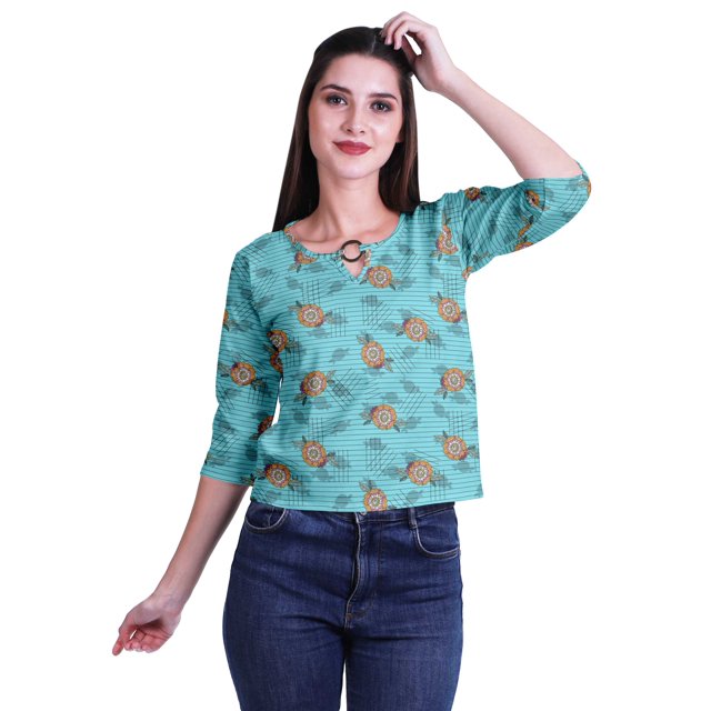 Moomaya Printed Keyhole Neck Ring Top Casual 3/4th Sleeve Tees Tank Tunic Top
