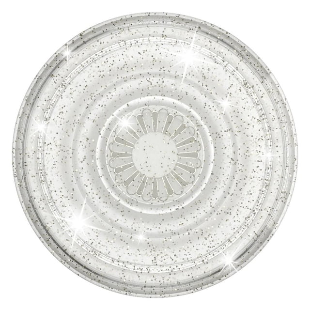 Popsockets PopGrip Clear Glitter Silver Phone Grip & Stand showing a top-down view of a circular, transparent phone grip with embedded silver glitter and a central floral pattern, compatible with wireless charging and designed for secure grip and hands-free use.