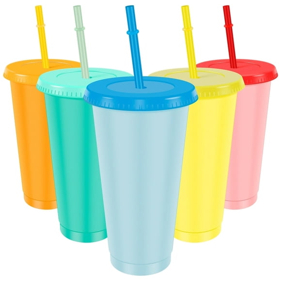 5Pcs Color Changing Cups Plastic Straw Tumbler with Lid 710ml Large Capacity Colorful Water Bottle