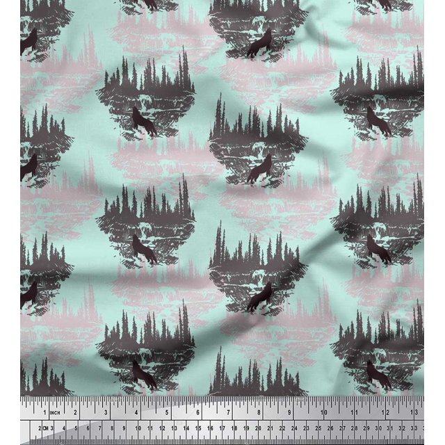 Soimoi Green Poly Georgette Fabric Wolf & Landscape Nature Print Fabric by Yard 42 Inch Wide