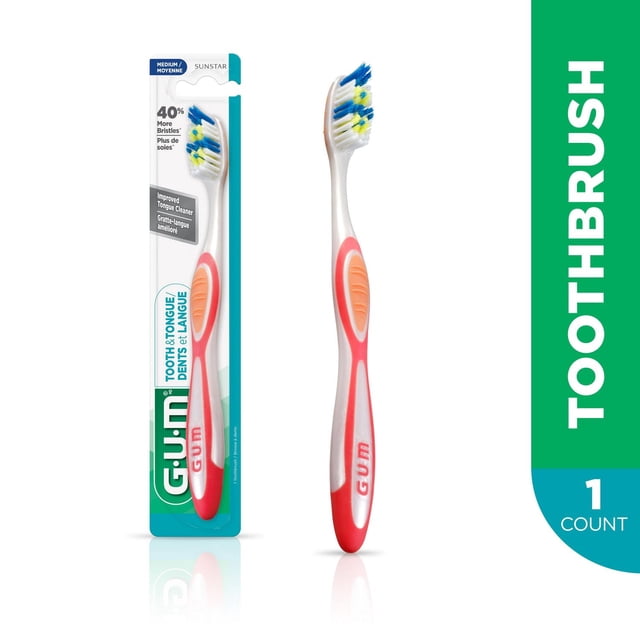 GUM® TOOTH & TONGUE Toothbrush, Regular, Medium Bristles, shown in and out of packaging, with a white and red ergonomic handle featuring an orange grip pad and a brush head with blue, white, and yellow bristles plus an improved tongue cleaner for comprehensive oral hygiene and fresher breath.