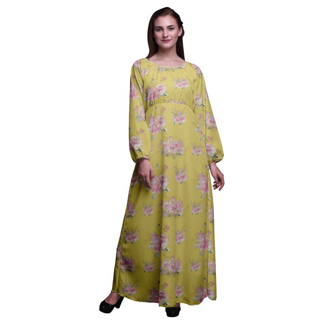Bimba Moss Georgette Rose & Ranunculus Floral Printed Womens Long Sleeve Elastic Waist MaxiDressGown-XSmall