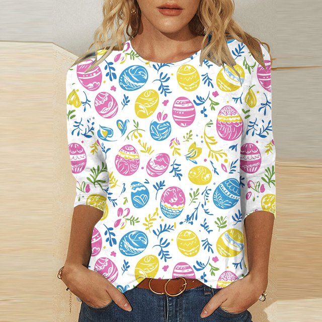 UPPADA T-Shirts de Pâques pour Femmes Bunny Lapin Oeuf Imprimé T-Shirts Manches 3/4 Col Rond T-Shirts d'Été Décontractés Mignons T-Shirts Graphiques Chandail Confortable Haut Vert,TTG