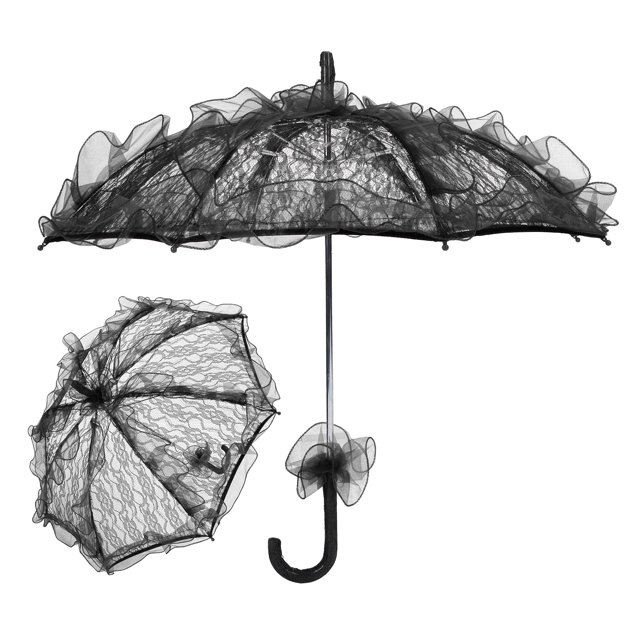 Lace Parasol, Beautiful Bridal Umbrella with black lace embellishment, featuring a classic and romantic design. Made from high-quality lace fabric, it measures approximately 22.2x22.2 inches when unfolded. Suitable for weddings, parties, photo shoots, performances, and as a travel accessory. Not waterproof, intended for decorative use.