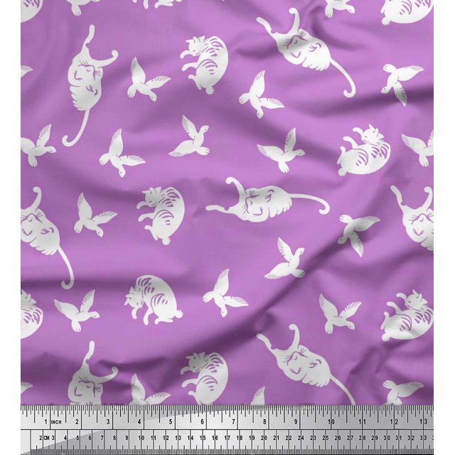 Soimoi Poly Georgette Fabric Bird & Cat Animal Printed Craft Fabric by The Yard 52 Inch Wide