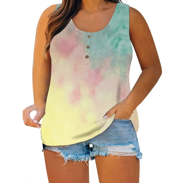 Womens Plus Size Tank Tops Summer Casual Loose Soft Blouses Sleeveless Solid Color Button Workout Tank Tops Tshirts
