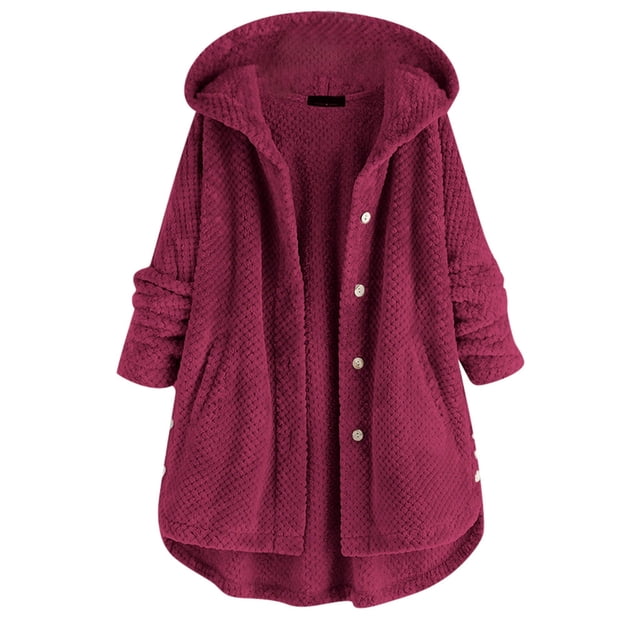 WEIYLL Jackets for Women Pocket Irregular Long Hooded Button Sleeve Plus Size Wine Winter Coats Size M