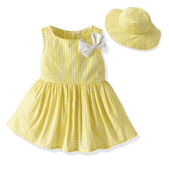Liquidation d'Économies d'Été! Tout-Petits Enfants Bébés Filles Été Mignonne Robe Sans Manches à Carreaux avec Nœud Robe de Princesse + Ensemble Chapeau 6 Mois-6 Ans