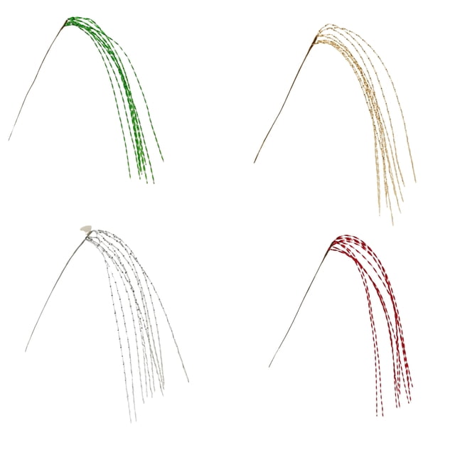Waterfall Spray (Asstd) - Set of 4 decorative sprays in green, gold, silver, and red with multiple thin, curved strands on slender stems, ideal for New Year's Eve party supplies and festive home decoration.
