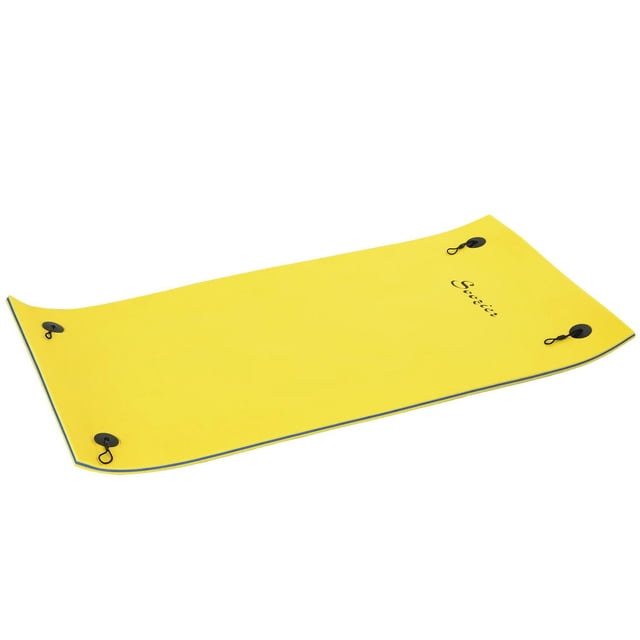 Soozier 7.5x4ft floating mat water carpet in yellow with blue trim, made of durable high-density XPE foam with a mesh layer for tear resistance, featuring four black tether loops and storage straps for easy rolling, suitable for use on pools, lakes, and rivers.