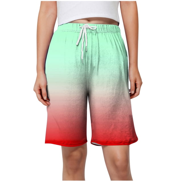 Plebaso Womens Casual Shorts Knee Length Drawstring Shorts Gradient Color Summer Wide Leg Shorts S-5XL