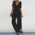 thumbnail image 1 of Cehvom Women's Solid Color V-Neck Broad Leg Chiffon Jumpsuit, Small, 1 of 6
