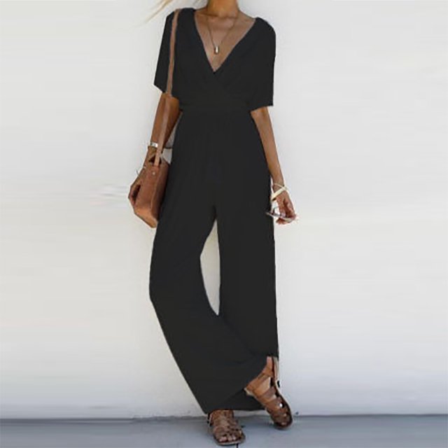 Cehvom Women's Solid Color V-Neck Broad Leg Chiffon Jumpsuit, Small