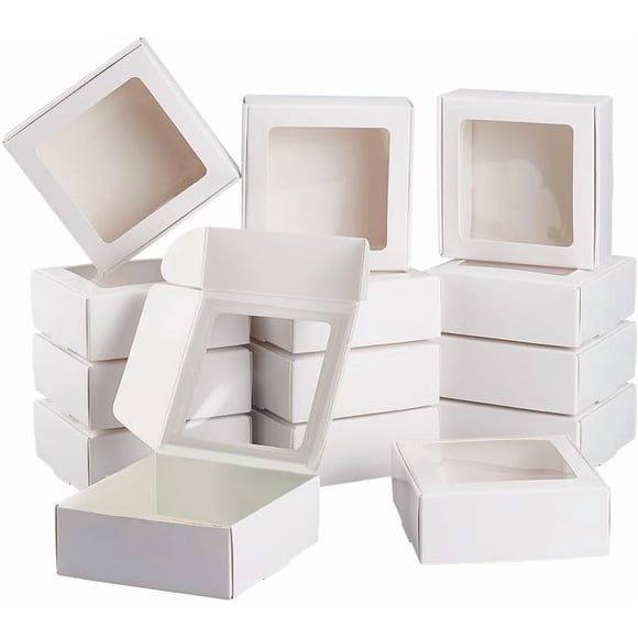 Lot de 20 Boîtes en Papier Kraft Blanches avec Fenêtre Transparente 3.6x3.6x1.4 Boîtes d'Emballage Cadeau pour Boulangerie Biscuits Gâteau Bonbons Mariage Fête Noël Festival Emballage Cadeau
