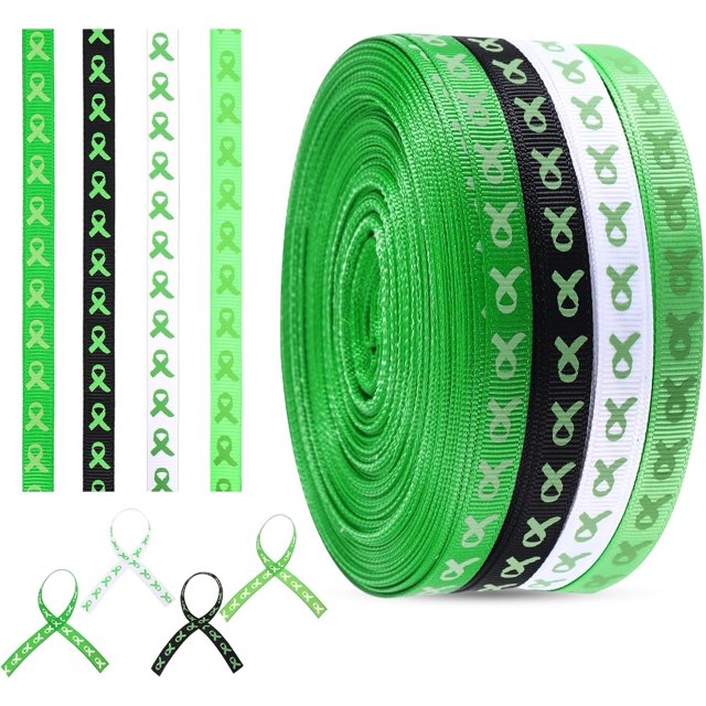 Estbridge 100 Yards 4 Rolls Mental Health Awareness Ribbon 3/8 Inches Per Roll Grosgrain Green Ribbon Printed Craft Ribbon for Mental Health Month Crafts Party