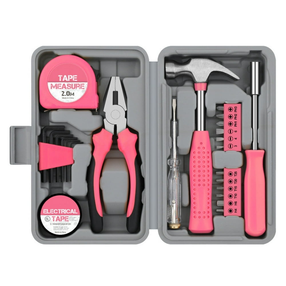Multifunctional Tool Set Pink Household DIY Tool Kit for Women Small Mini Tool Box Set of Starter Basic Ladies Tools  General Household Hand Tool Kit with Plastic Toolbox Storage Ca
