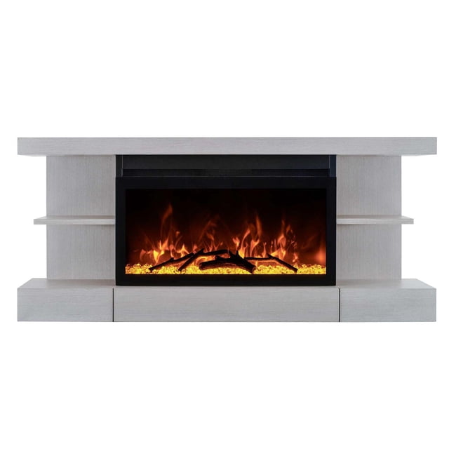 Electric Fireplace Floating Mantel Shelf in grey with a modern rectangular design featuring a central black electric fireplace insert displaying orange LED flames and faux logs, flanked by open shelves on each side and a hidden drawer below, suitable for contemporary living spaces.