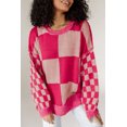 thumbnail image 1 of FOLUNSI Chandail à Carreaux Rose Rouge - Tricot Chic à Épaules Tombantes, 1 of 8