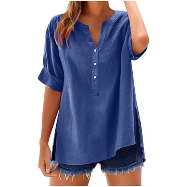 Women's Tunic Tops Loose Fit Short Sleeve Buttons V Neck Linen Blend Casual T-shirts Summer Beach Clothes (2XL, Blue)