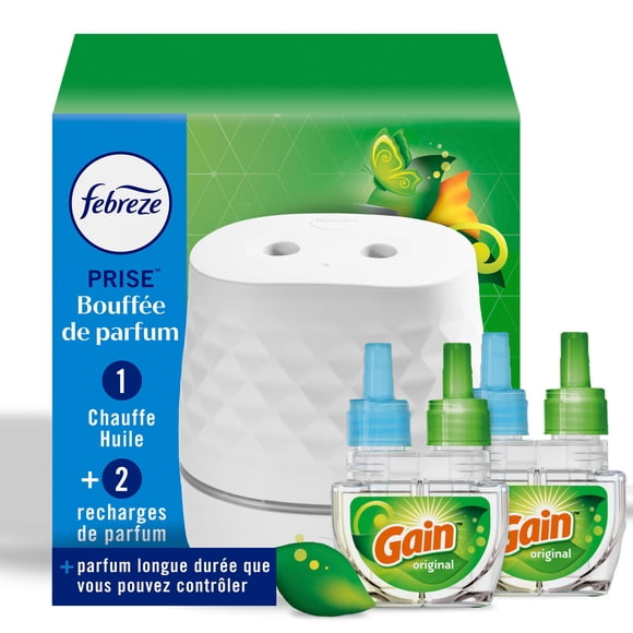 Febreze PLUG Scent Booster Starter Kit, White, Oil Diffuser, Air Freshener Plug In, Continuous Scent Device + 1 Gain Original Refill