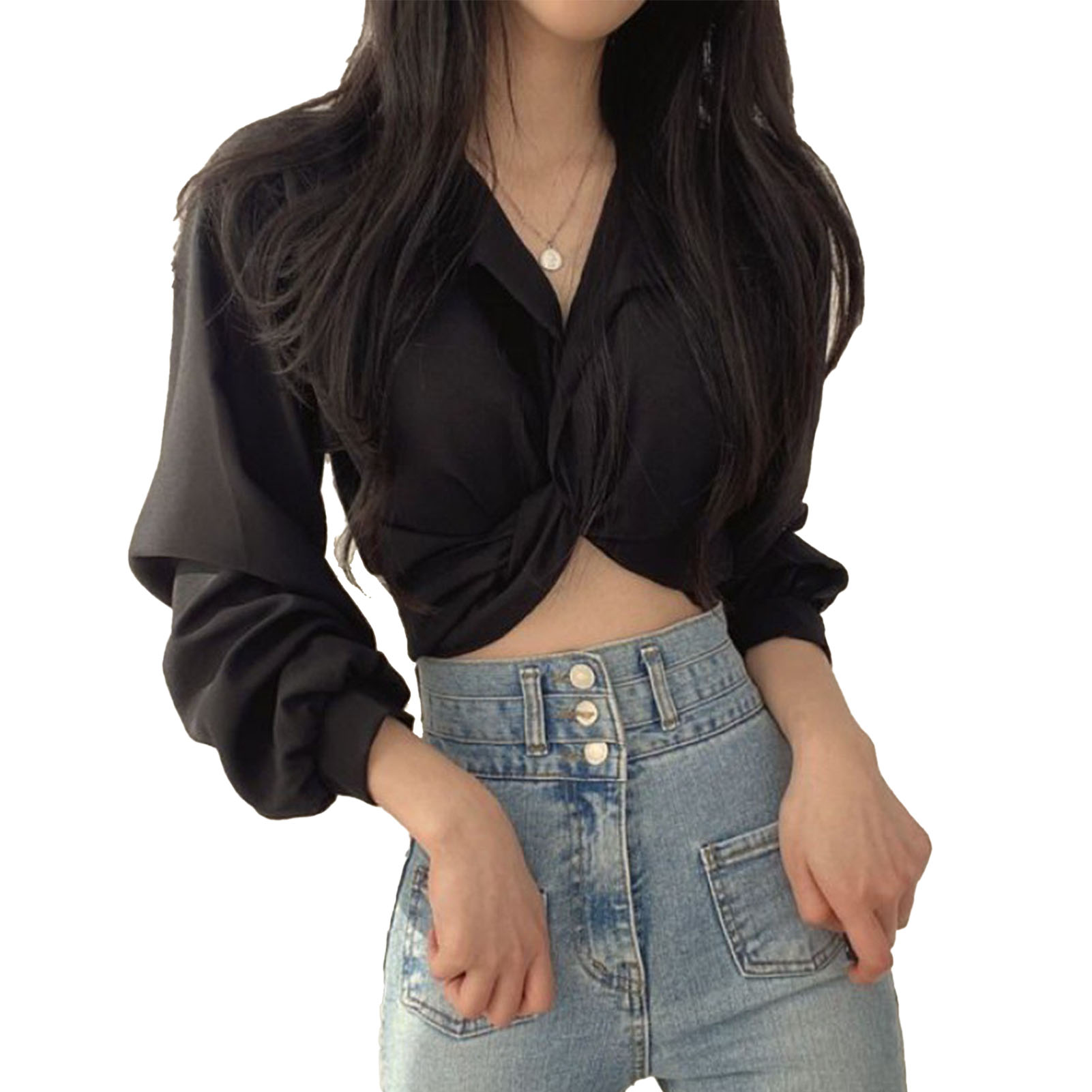 Twist Knotted Shirt Top Tie Back Puff Long Sleeve Short Twist