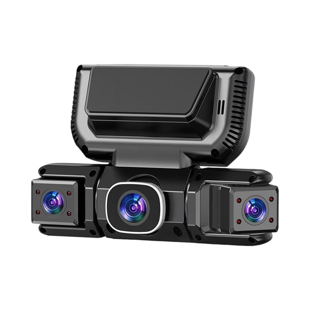 ERK front, rear, and inside dash cam with 5G WiFi and app control, featuring a 170° wide-angle front lens, 150° interior cabin cam, and 150° rear cam. The device includes an IPS screen, built-in G-sensor for automatic incident recording, 24-hour parking mode, and seamless loop recording with a pre-installed 32GB card. Enhanced night vision and HDR technology ensure clear footage in low-light conditions. The compact design is shown with three visible camera lenses and a sleek black ABS body.