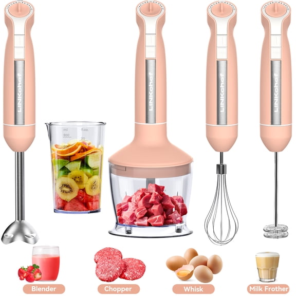 LINKChef Immersion Blender, 20-Speed 1000W 5-in-1 Immersion Hand Blender, Stick Blender with Turbo Mode, Baby Food Processor with Chopper, Blender for Kitchen with 600ml Beaker (Peach)