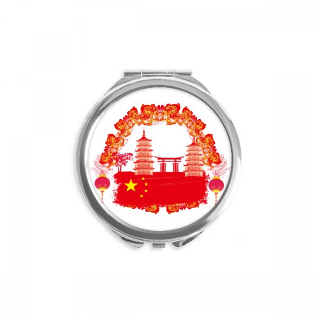 China Red National Flag Tower Lanttern Hand Compact Mirror Round Portable Pocket Glass